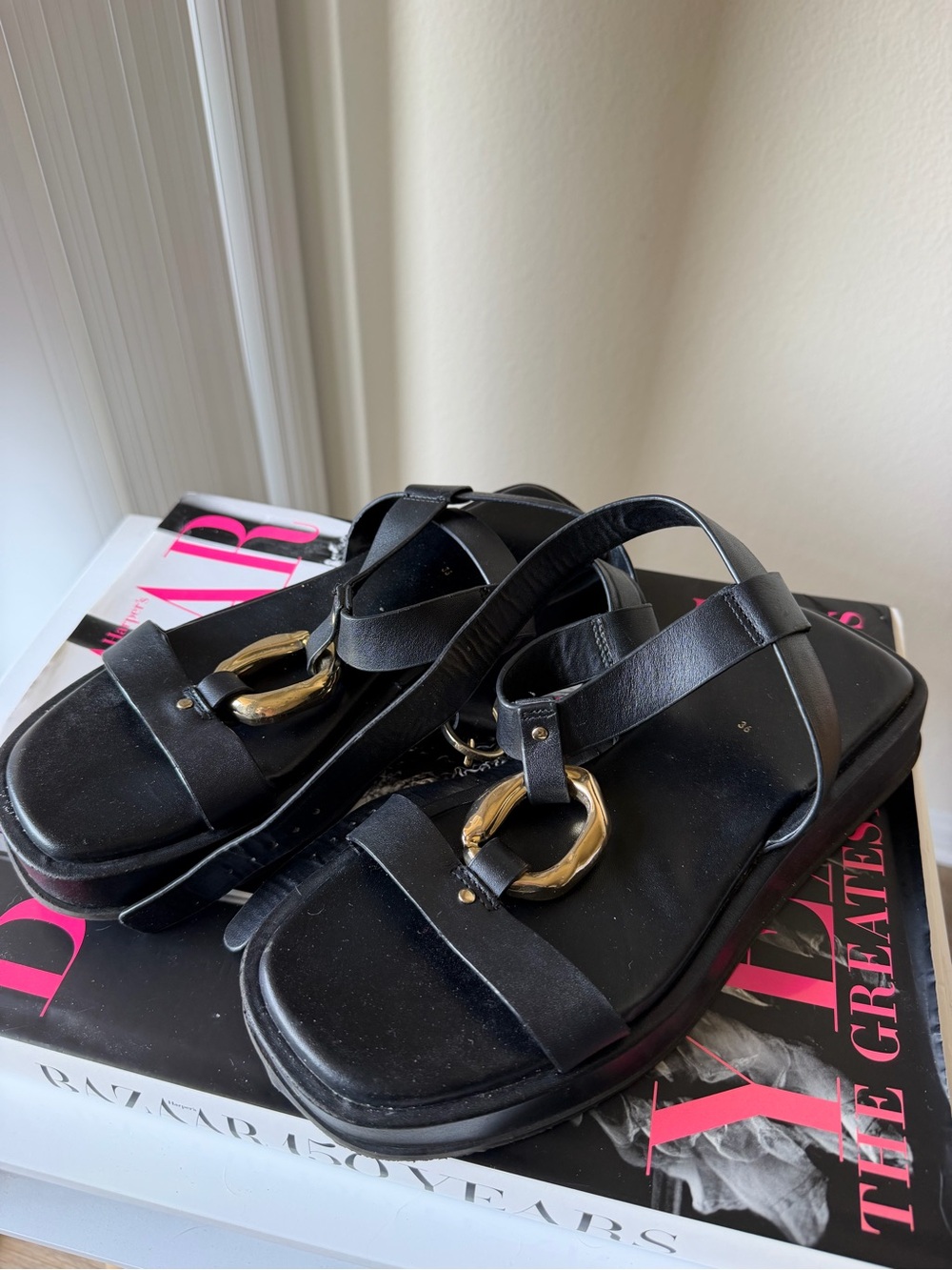 Zara Black Platform Sandals with Gold Ring Detail